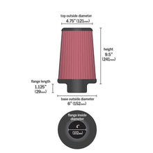 Cargar imagen en el visor de la galería, RG-1002RD Filtro largo de aire K&N universal tipo hongo adaptable a 3 3.5 y 4 Largo: 9.5 pulgadas - Pro Performance